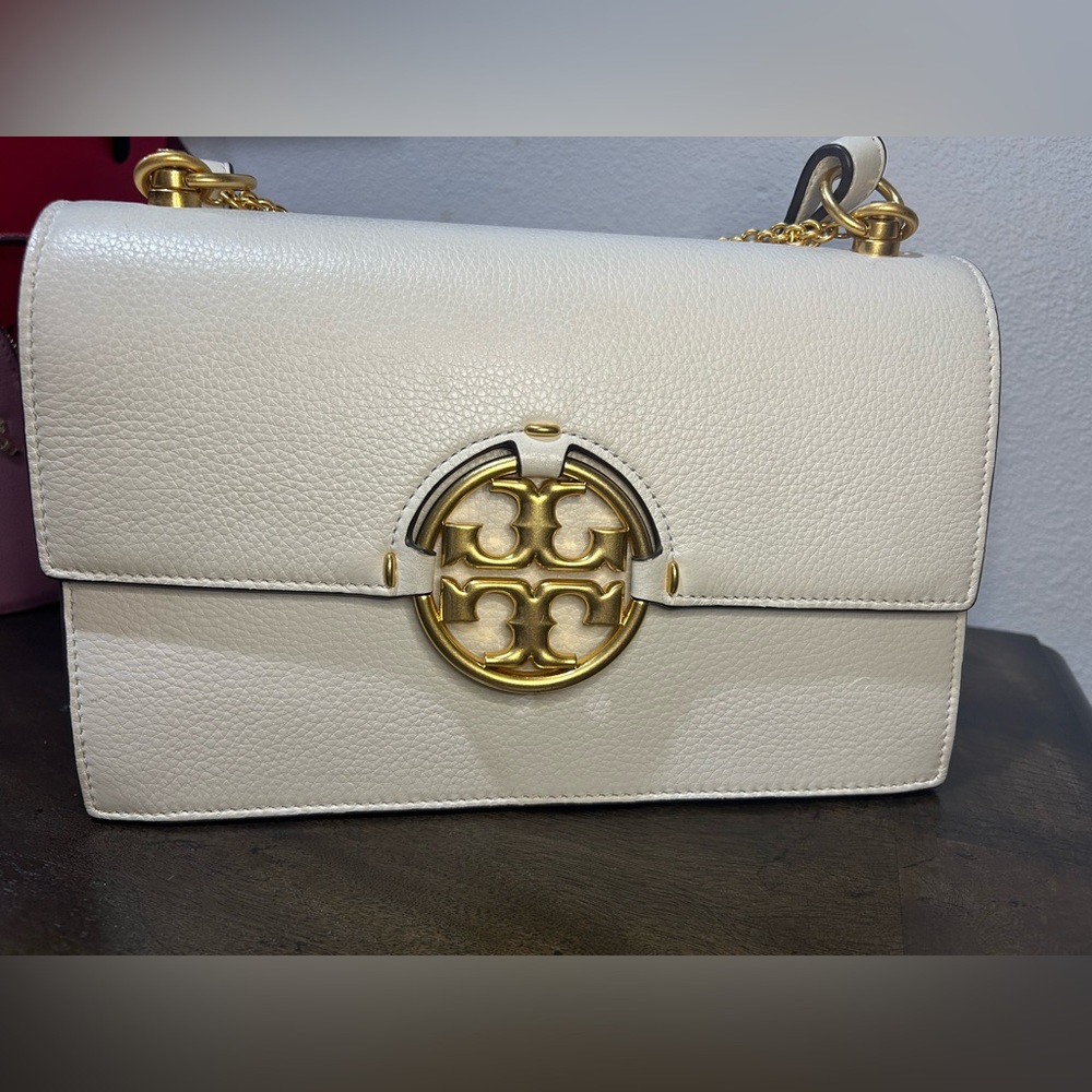 Tory Burch Cream Leather Crossbody with Gold Logo Hardware